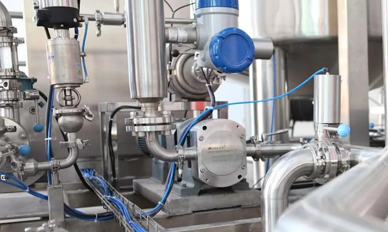Industrial pumps and pipework in a plant room