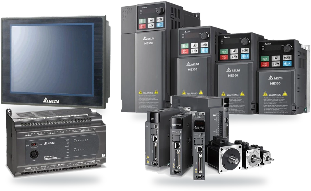 Delta ME300 AC drives, ASDA-A3 servo drives and motors, DVP-ES2 PLC and DOP-100 HMI